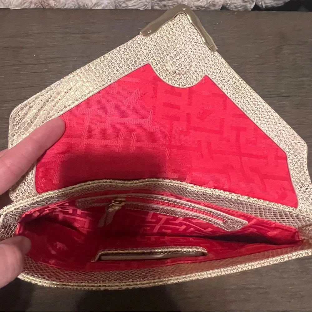 Elaine Turner Metallic Gold Snakeskin Envelope Clutch